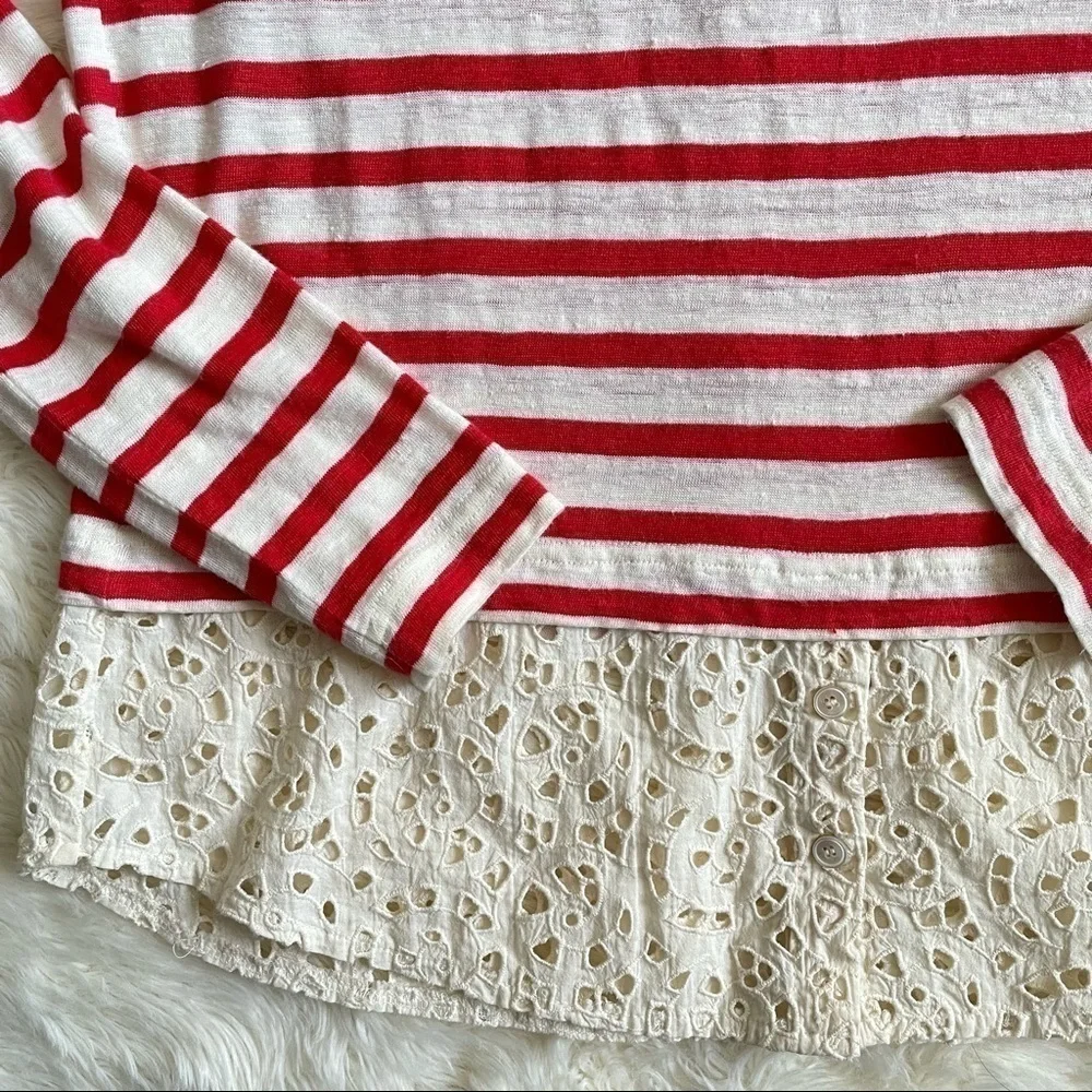 Tory Burch Blouse Top Linen Long Sleeve Eyelet Hem Stripes Red and Cream XS